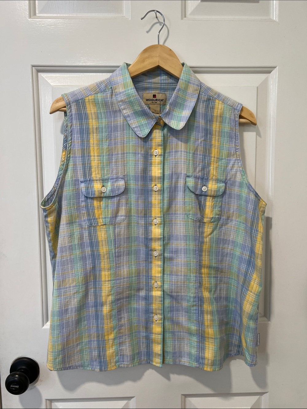 Woolrich Sleeveless Plaid Button-Down Shirt in Yellow, Blue & Green